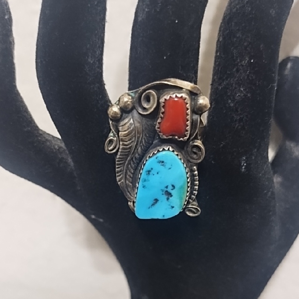 Turquoise and Coral Silver Ring